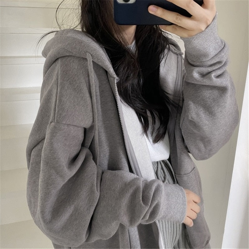 Zip-up Oversized Solid Pocket Hooded Langarm Lose Baseball Jacke